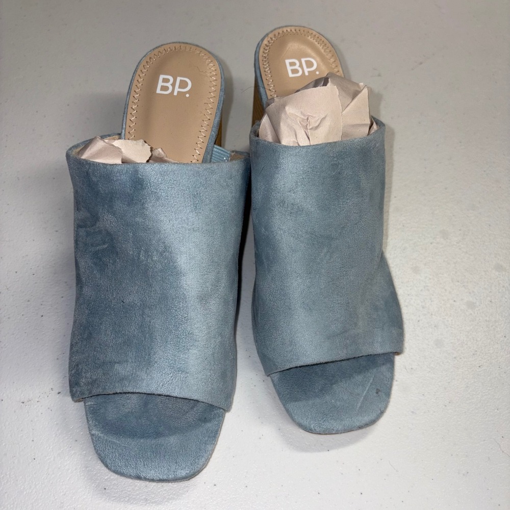 BP Callum Blue Faux Suede Block Heel Mules Square Toe Slide Sandals 8M